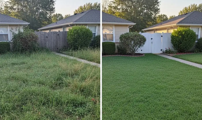Lawn care before and after: overgrown yard cleanup and shrub trimming in Garland, Texas